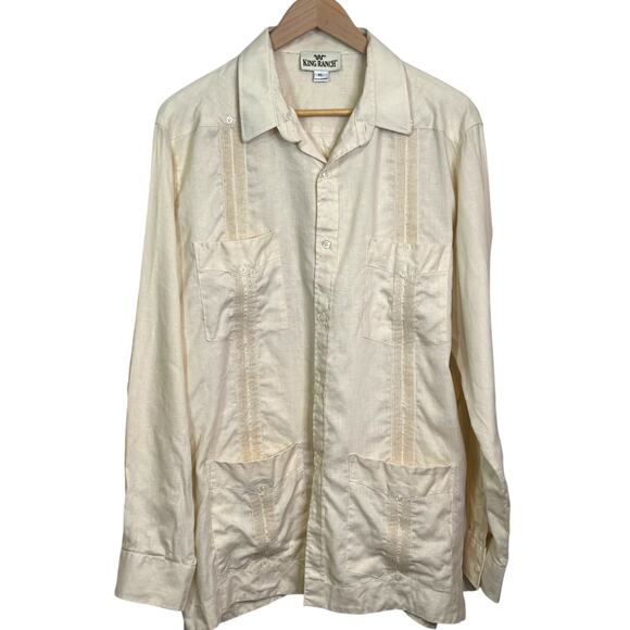 Rare King Ranch Size XL 100% Linen Long Sleeve Embroidered Guayabera Shirt - Picture 1 of 8